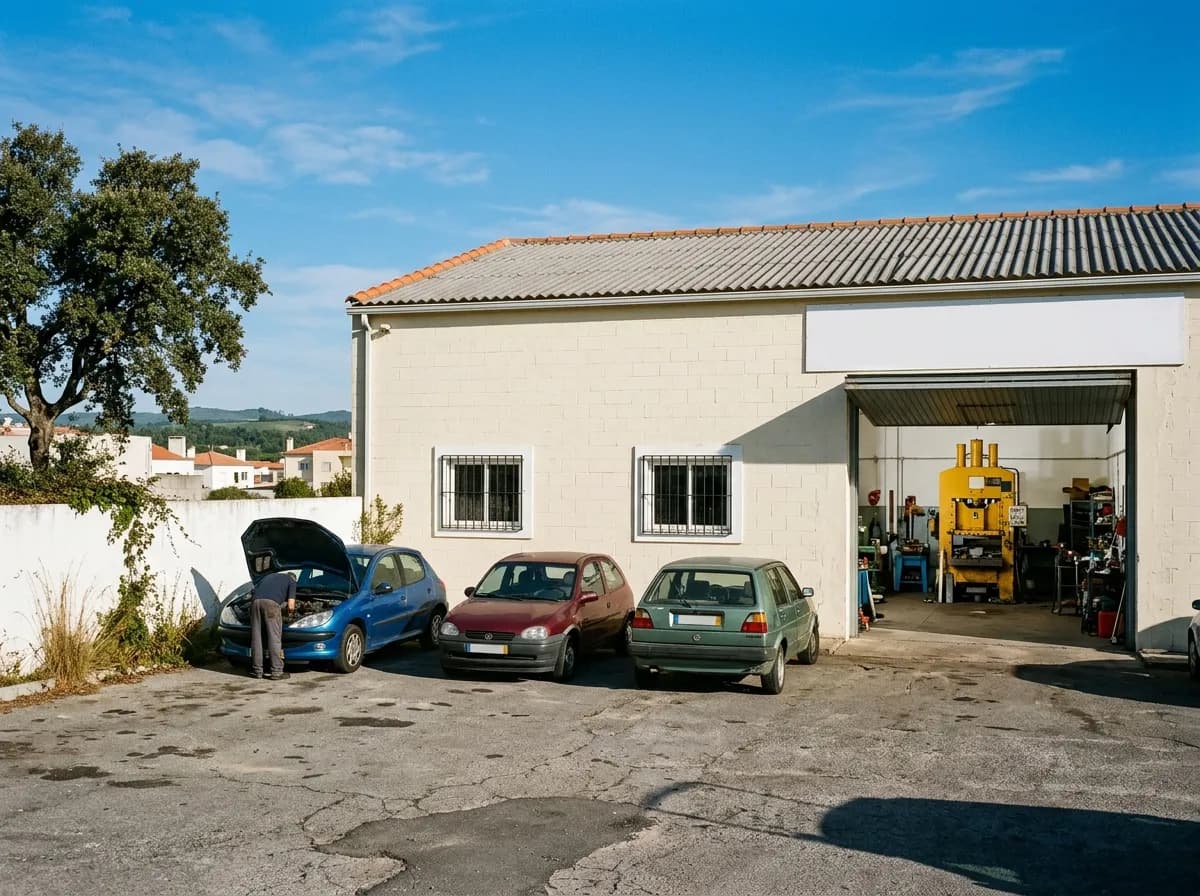 O armazém da oficina com o portão de enrolar aberto numa manhã de sol