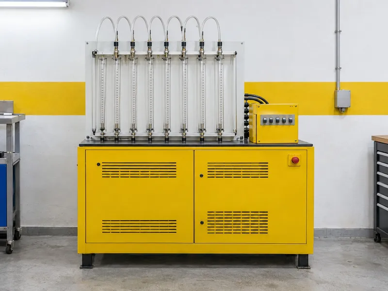Um banco de ensaio de injeção diesel amarelo com uma fila de tubos de vidro graduados