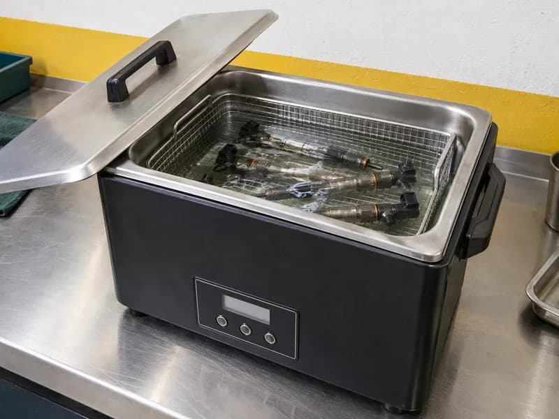 Uma tina de limpeza por ultrassons em inox sobre uma bancada