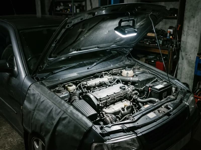 Um motor aberto debaixo da luz da oficina
