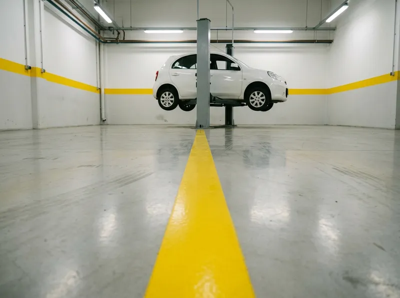 O chão da oficina com a faixa amarela de segurança e um carro no elevador