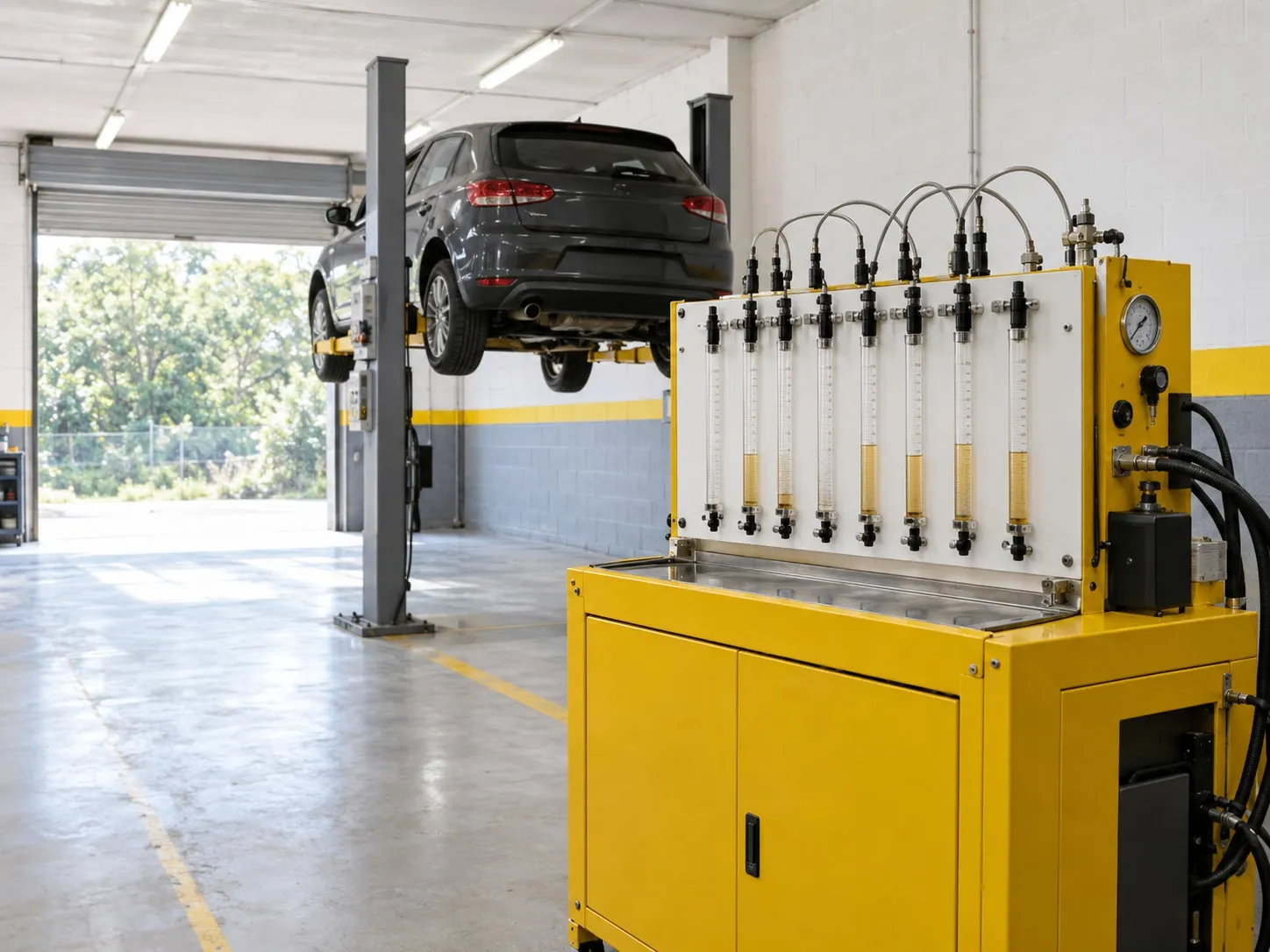 Dentro da oficina: um banco de ensaio de injeção diesel amarelo com tubos de vidro graduados, ao lado de um carro no elevador